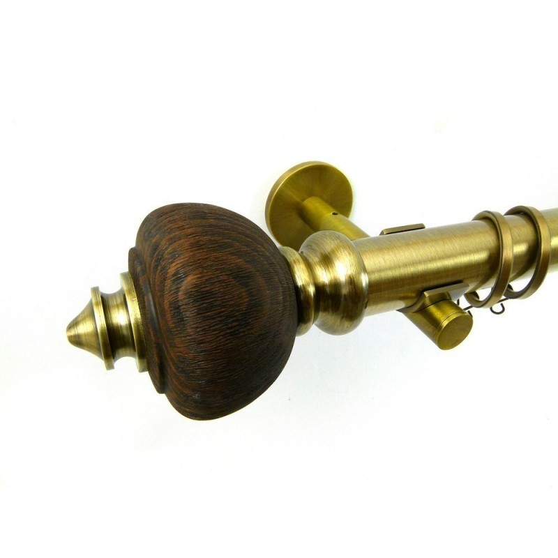 Reims 28mm Finial, Beech Wood+Metal, Shown with Antique Brass Pole Pole