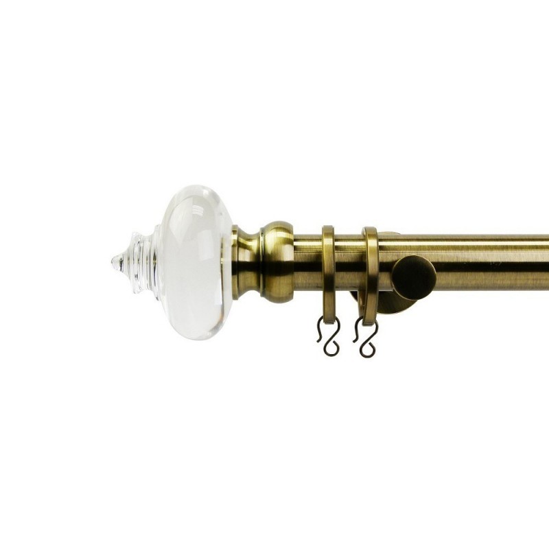 Reims 28mm Finial, Acrylic+Metal, Shown with Antique Brass Pole